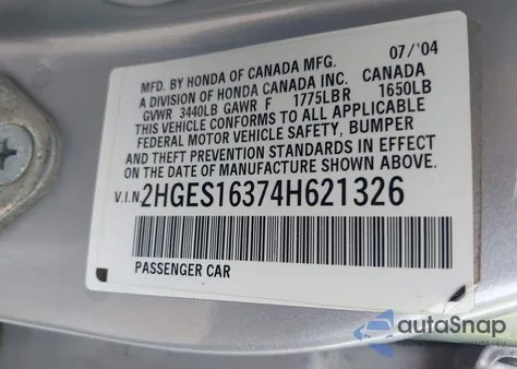 2004 Honda Civic Vp from USA, damaged, VIN 2HGES16374H621326